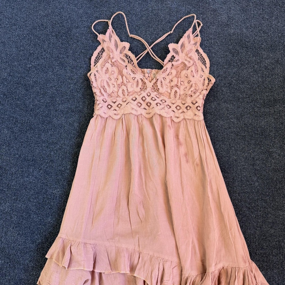FP One Dress Womens Large Pink Lace Crochet Ruffle Hem Strappy Sundress